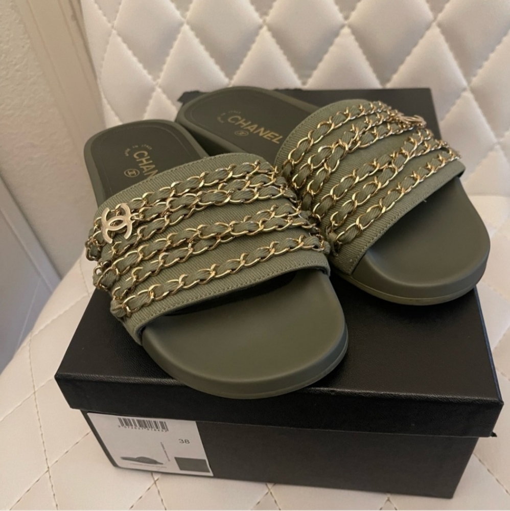 Chanel Slides Olive Green Size 38